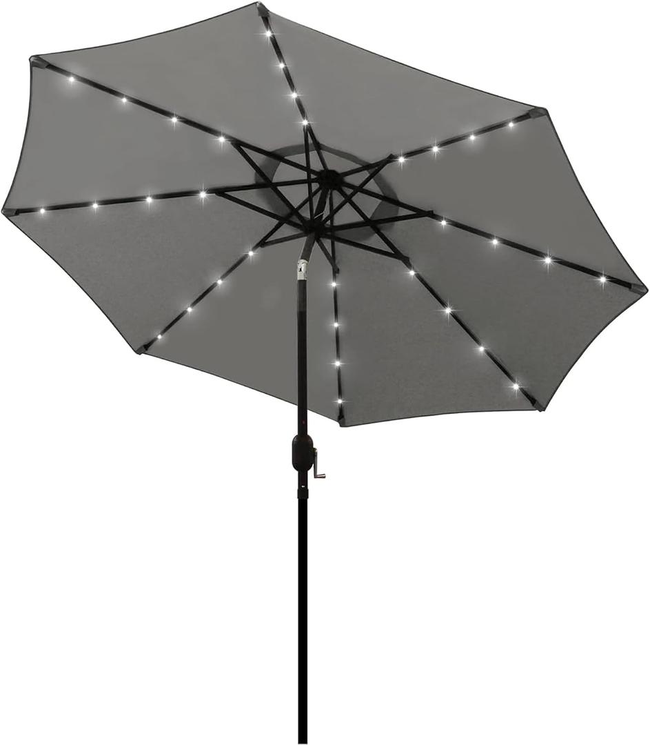 Blissun 9 ft Solar Umbrella, 32 LED Lighted Patio Umbrella, Table Market Umbrella, Outdoor Umbrella for Garden, Deck, Backyard, Pool and Beach (Grey)