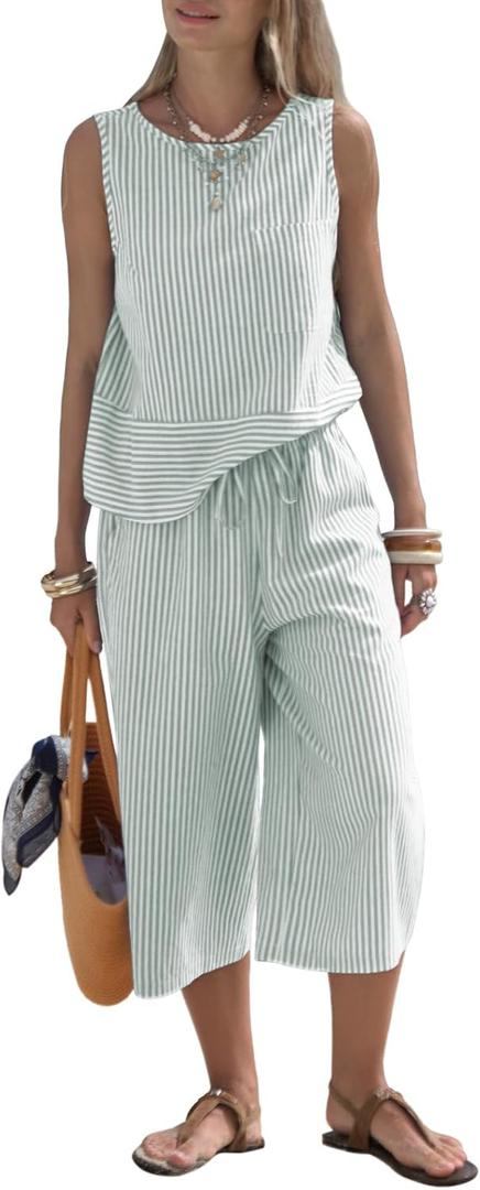 EXLURA Womens Summer 100% Cotton 2 Piece Outfits Striped Sleeveless Top Capri Wide Leg Pants Sets Faux Linen Beach Vacation (L)