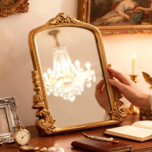 YUSONG Vintage Desk Mirror 12" Gold Antique Tabletop Mirror with Resin Frame, Decorative Wall Art for Living Room Bedroom Vanity Desk Decor, Birthday Gift