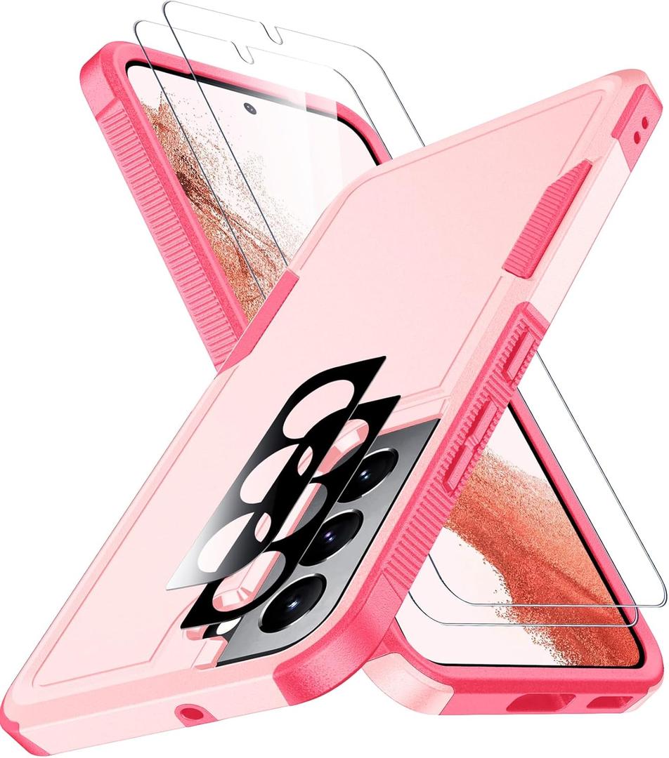 SPIDERCASE for Samsung Galaxy S22 Case, [10 FT Military Grade Drop Protection],2 Pack [Tempered Glass Screen Protector+Camera Lens Protector] Heavy Duty Shockproof Case, Pink