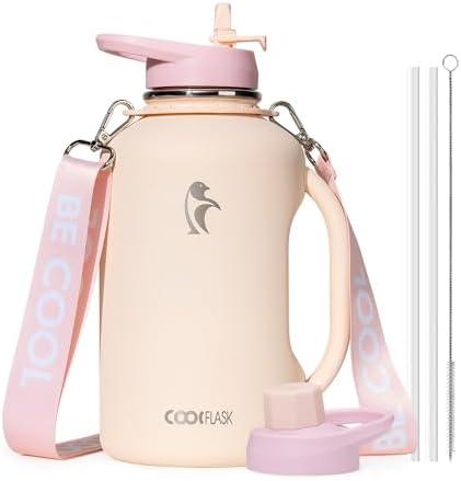 64oz Insulated Water Bottle, Coolflask Half Gallon Water Jug With Handle Straw Stainless Steel Double-Walled Vacuum Metal Large Flask Without Strap Non-BPA Leakproof, Keep Cold 48 Hrs, Apricot Pink