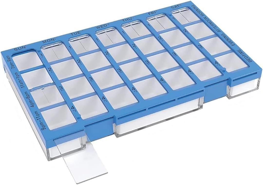 EZY DOSE Weekly AM/PM (7-Day) Daily Pharmadose Pill Planner, Medicine Case, Vitamin and Supplement Organizer, Large Easy Fill Compartments, 4 Times a Day, 28 Compartments, Clear Lids, Blue, BPA Free
