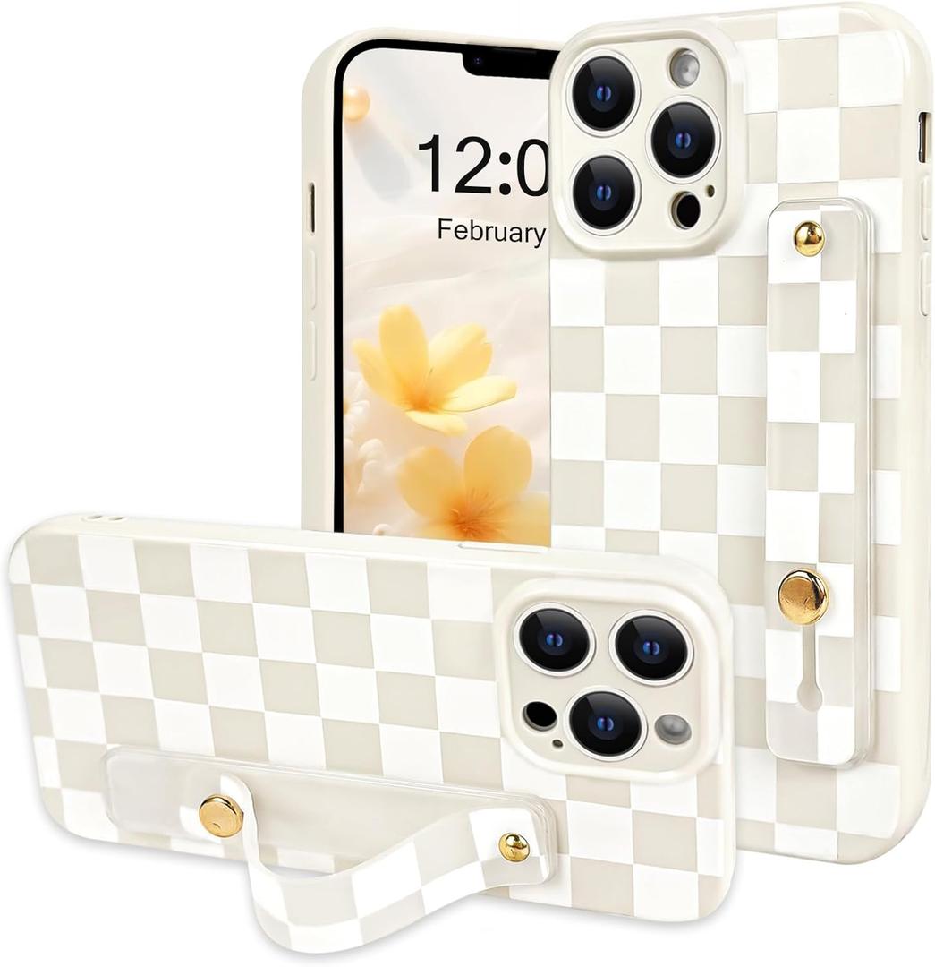 NITITOP Compatible with iPhone 13 Pro Case with Wrist Strap Kickstand Cute Trendy Checkerboard Plaid for Women Girls Slim Fit TPU Silicone Shockproof Full Camera Protective Cover - White