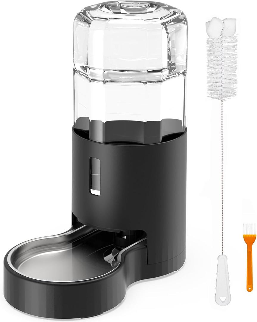 7L Automatic Dog Water Dispenser Bowl, Gravity Pet Water Dispenser with Stainless Steel Bowl, No Spilling Large Capacity Water Feeder for Dogs Cats (7L Without Filter Black)