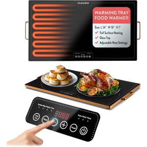 Electric Warming Tray for Food | 31.5"x17.5" Large Thermaplate Electric Food Warmer for Kitchen & Buffet | 1" Thin Countertop Hot Plate with Touch Controls, Adjustable Temp, Black/Gold Finish