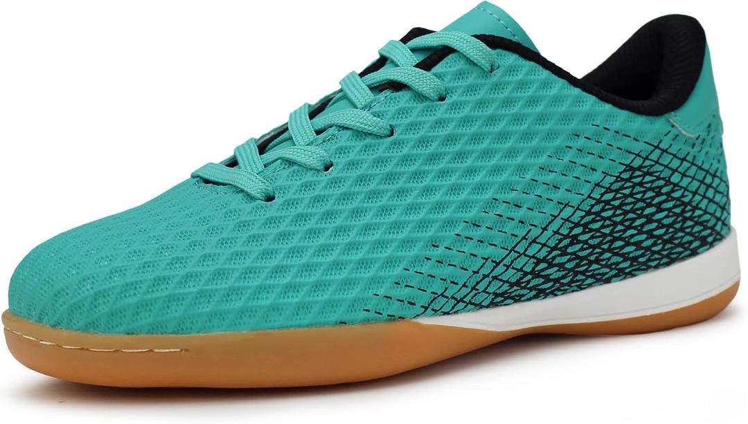 Hawkwell Unisex-Child Athletic Lace Up Boys Girls Indoor Trainer Soccer Shoe (Toddler/ Little Kid/ Big Kid), Green PU, 2 M US