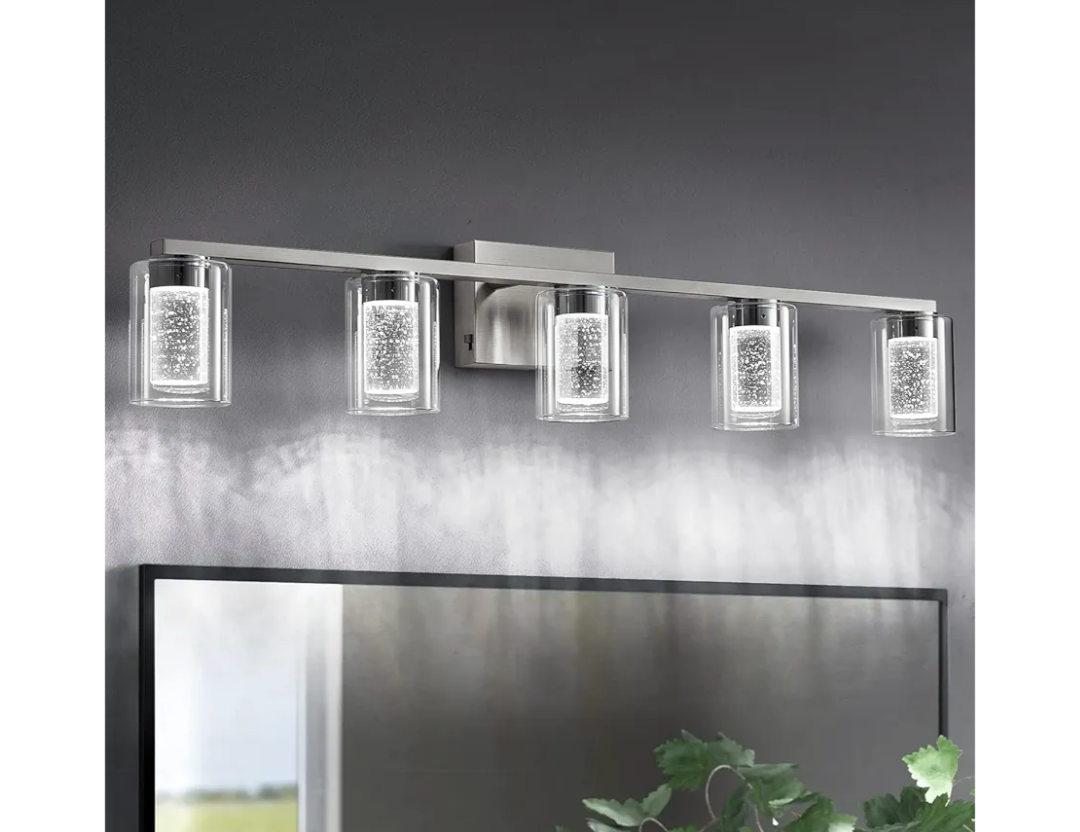 stambord Bathroom Light Fixtures, 5 Light Brushed Nickel Bathroom Vanity Light Over Mirror, 3 Color LED Vanity Lights with Crystal Bubble Glass, Dimmable Wall Sconce Lighting for Bathroom, Living Room