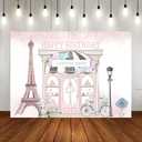 Lofaris Pink Paris Birthday Backdrop for Girls Floral French Parisian Cafe Tea Party Background Happy First Birthday Party Decor Cake Table Banner 7x5ft