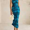PRETTYGARDEN Wedding Guest Dresses for Women Summer 2026 One Shoulder Ruched Mesh Bodycon Cocktail Beach Floral Maxi Dress (Blue, S)