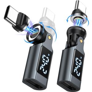 USB C Magnetic Adapter PD 240W(2Pack), 9PIN USB C 90 Degree Adapter with LED Digital Display/360 &180 Degree Power Meter Tester for 1Phone 17/16/15, Ma-Book Pro/1Pad Series, Samsung, Tablet, Laptop