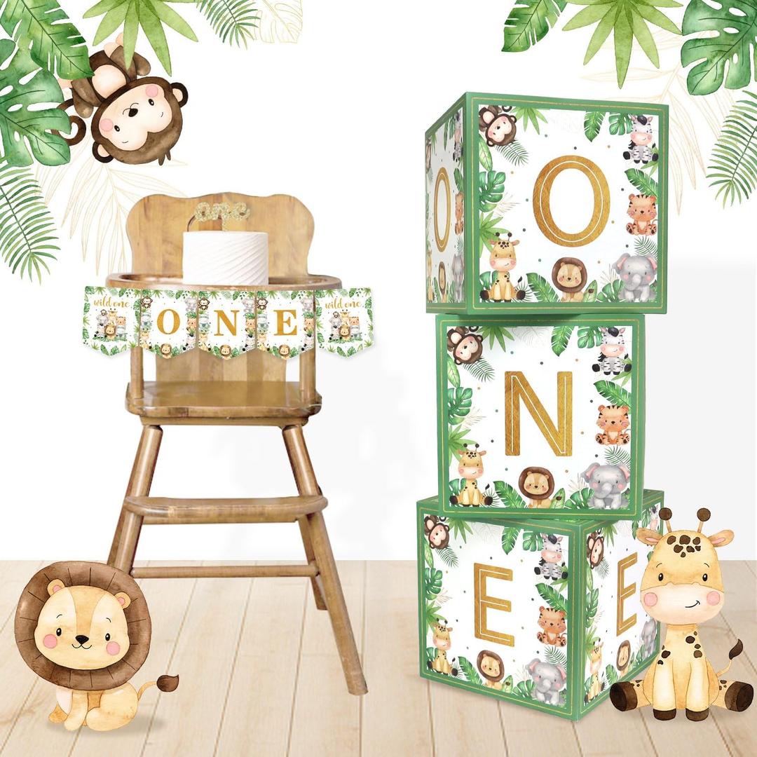 Wild One Birthday Decorations Boxes with Letters and ONE Banner Sets Jungle Safari Animal Theme Blocks for Kids Boys First 1st Birthday Party Supplies