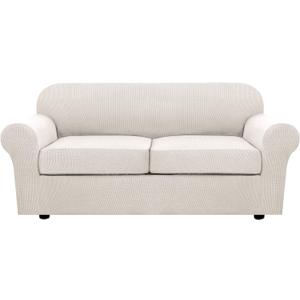 H.VERSAILTEX 3 Piece Stretch Sofa Covers for 2 Cushion Sofa Couch Covers for Living Room Sofa Slipcovers (Base Cover Plus 2 Seat Cushion Covers) Thicker Jacquard Fabric(Large Sofa, Ivory) (Medium-XL)