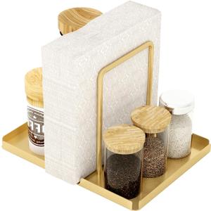LSK Napkin Holder, Metal Napkin Holder for Table with Salt and Pepper Shakers Caddy, Napkin Storage Dispenser for Kitchen Dinner Table and Picnic Decors, Gold