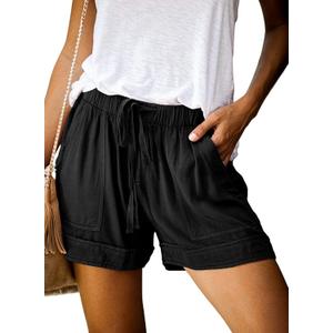 Acelitt Women Ladies Summer Casual Loose Comfy Drawstring Elastic Waist Pocketed Shorts Pants Black Small