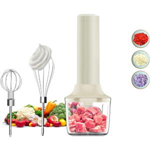 Cordless Hand Mixer, Electric Whisk, Hand Held Mini Mixers,Rechargeable Hand Mixer and Whisker,Food Chopper,Food Processor for Cooking, 4-Speed,10Oz (Beige)