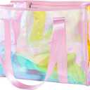 KUAK Iridescent Clear Beach Tote Bag for Women Girls Large Waterproof with Inner Zipper Pocket for Swim Pool Travel Vacation (Pink Straps)