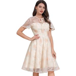 Mesh Embroidery Floral Dress for Women Short Sleeve Cocktail Tea Party Dress Keyhole Tie Formal Embroidered Tulle Prom Dress (X-Large, Apricot)