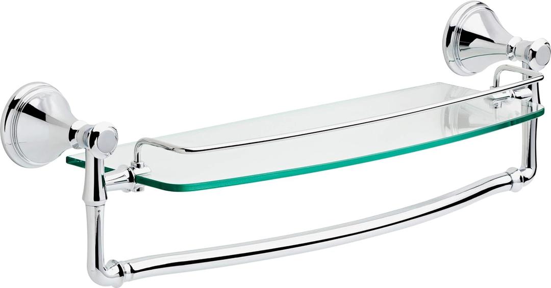 Delta Bathroom Shelf with Polished Chrome Towel Bar | Glass Shelf | Classic Decor | 20 lb Capacity | Storage and Organization | Cassidy Accessories