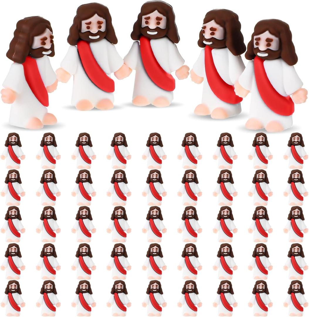 Sumind 50 Pcs Little Jesus Figures Original Design Miracle Mini Pocket Jesus to Hide and Seek Easter Egg Filling Religious Party Favors Sunday School Baptism Gifts(Red)