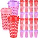 24pcs Valentine Day Conversation Coffee Cups Mugs Gift Bulk 16oz Galentine Day Reusable Plastic Tumbler with Lids for Women Galentine Party Supplies Hot Cold Drinks(Heart-shaped)