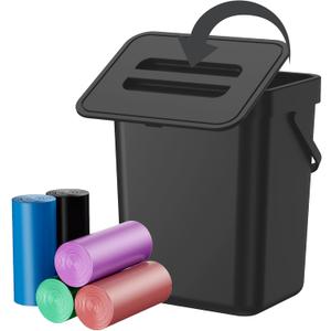 Compost Bin Kitchen, Bring 5 Rolls (100) of Garbage Bags, for Use on Countertops or Under Sinks, Hanging Trash Can with Lid, for Cupboard/Bathroom/Bedroom/Office/Camping(Black 0.8 Gallon/3L)