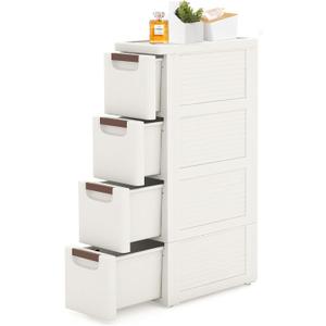 4 Drawers Slim Bathroom Storage Cabinet Dresser, Narrow Plastic Rolling Cart Organizer with Drawers, for Small Spaces, Kitchen, Laundry, Office, Bedroom, White