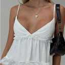 Verdusa Women's Ruffle Babydoll Tops Shirred Camisole Tops Backless Peplum Tops (White, L)