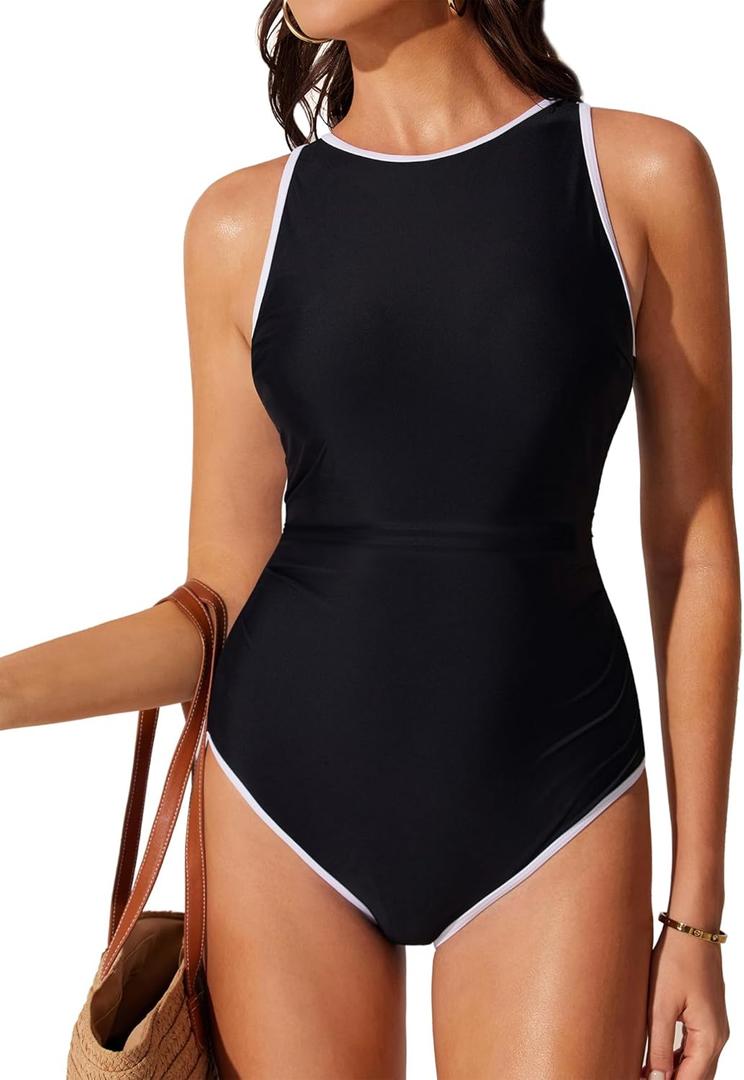 RXRXCOCO Women Tummy Control One Piece Swimsuit Ruched Slimming Bathing Suit Color Block High Neck Full Coverage Swimwear (Black&white) XL