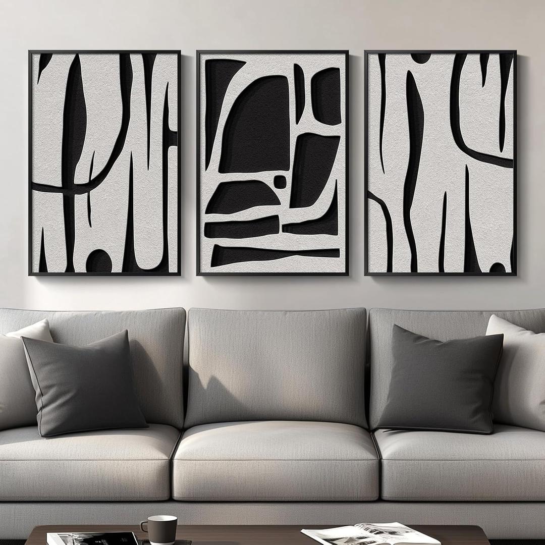 Framed Black and White Abstract Wall Art for Living Room, 3 Piece Modern Minimalist Line Canvas Art Work Prints Black Painting Wall Art Decor for Bedroom, Home Office, 16x24 Inch (Interweave)