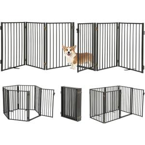 Metal Freestanding Dog Gates with Door for Outdoor Indoor,120'' Extra Wide 24'' Tall Free Standing Dog Gate for Doorways,Large Openings,Deck,Yard,Porch,Foldable Safety Pet Fence(Black,6 Panels) (6 Panels with Door 24''H*120''W)