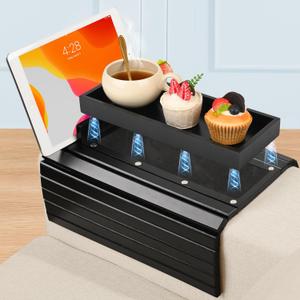 Joy&Grace Couch Arm Tray, 3in1 Magnetic Detachable Sofa Arm Table with Phone and Tablet Holder Bamboo Couch Cup Holder, Foldable Sofa Armrest Tray for Eating, Drinks, Phones (Black)