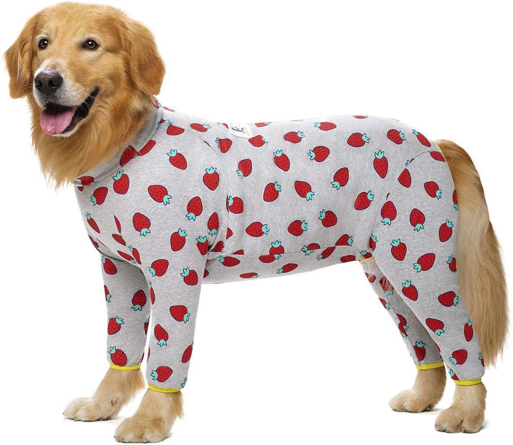 Cotton Medium Large Dog Onesie Surgery Recovery Suit for Medium Large Bodysuit Dogs Pajamas Pjs,Full Covered Dog Recovery Suit After Surgery,Long Sleeved with Zipper On Back (28(Chest26.77'',Back Length17.72''), Pink Strawberry)