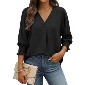 Cuffbow Women Blouses Dressy Casual V Neck 3/4 Length Sleeve Tops Business Work Blouses Office Tunic Shirt with Smocked Cuffs(Black,Medium) (Black, M)