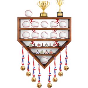 19" Baseball Holder Display Case Wooden Baseball Ring Holder Championship Ring Trophy Display Shelf for Balls, Medals, Memorabilia (Brown)