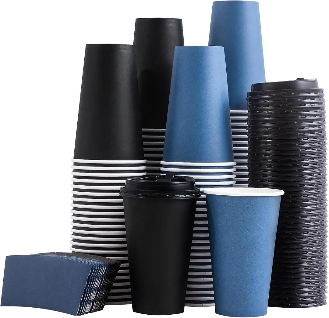 SIUQ 500 Pack 16 oz Disposable Coffee Cups with Lids and Sleeves, To Go Paper Cups, Hot & Cold Drinking Cups for Tea, Coffee, Water, Hot Chocolate, Paper Coffee Cups Ideal for Home,Cafes,Store