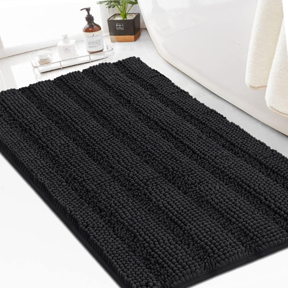 Turquoize Chenille 24"x 36" Extra Soft, Absorbent Shaggy Bath Rugs, Black - Non Slip for Bath or Kitchen