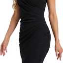 Women's V Neck Sleeveless Faux Ruched Midi Bodycon Work Dress (Black, M)