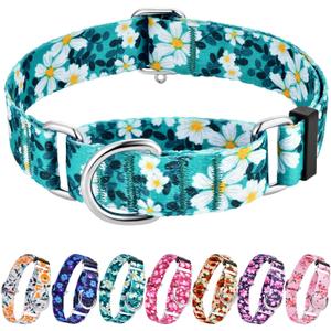Hikiko Martingale Collar for Dogs with No Buckle Floral Daisy Dog Collars Soft Nylon No Pull Dog Collar for Large Dogs,Green Flower,L