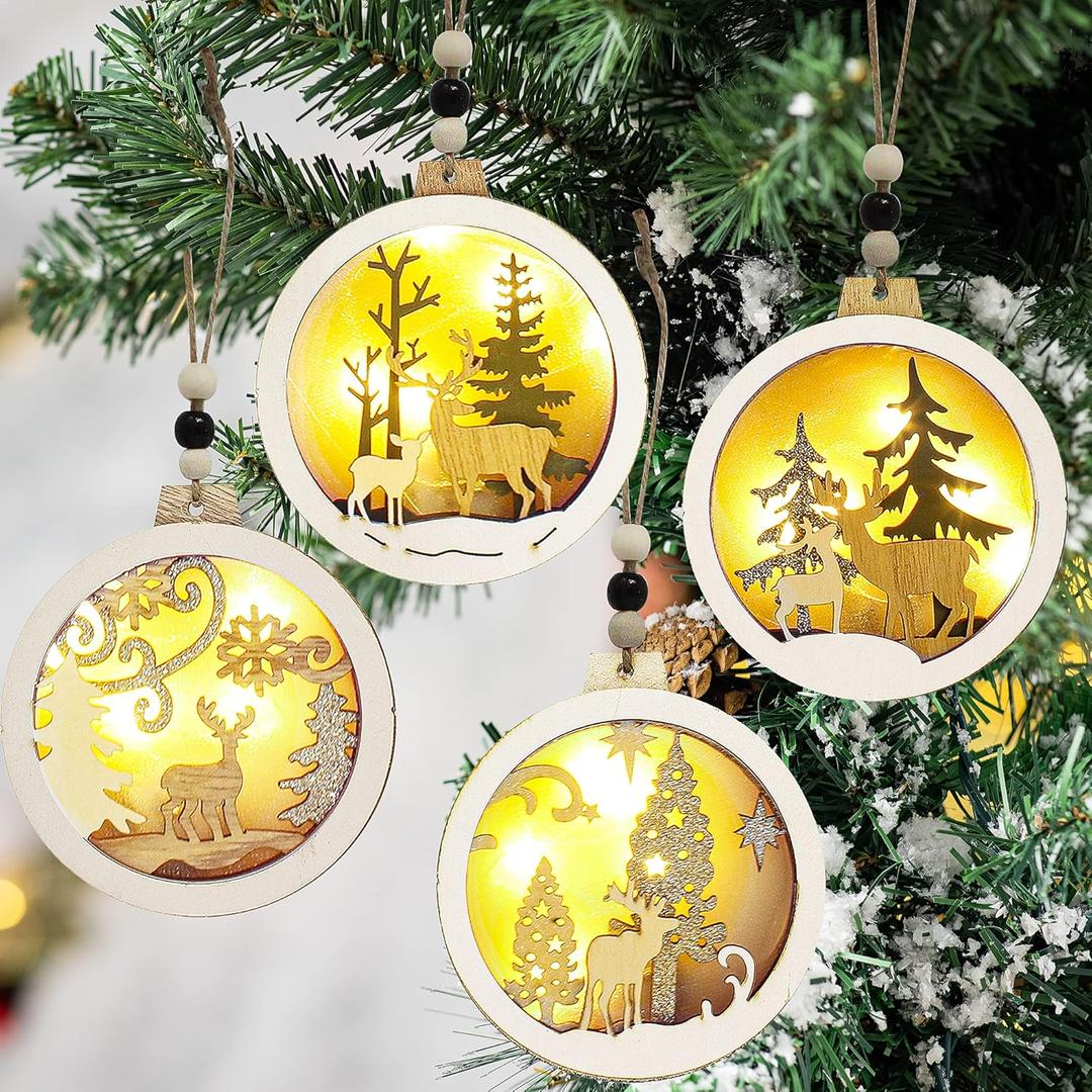 JOIEDOMI 4 Pcs LED Wooden Christmas Ornaments - Hanging Reindeer for Indoor/Outdoor Holidays, Party Decoration, Tree, Events, and Christmas