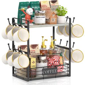 EsLuker.ly Coffee Mug Cup Holder Stand Bar Station Organizer for Countertop, Multi-Functional 2 Tier Mug Tree Rack for Kitchen, Storage Shelf with 12 Hooks, Light Grey-Black(Patented Design)