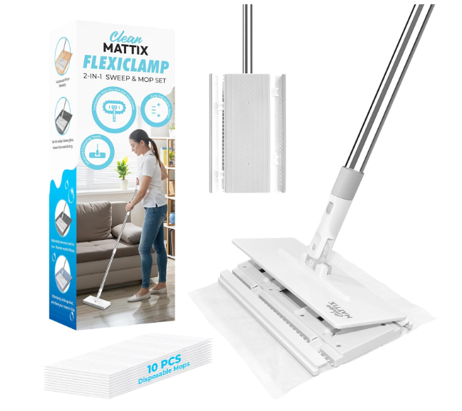 CleanMattix  FlexiClamp Sweep & Mop Kit  Compatible with Swiffer Pads, Durable Cleaning Tool for Hardwood, Tile, Marble & Laminate Floors, Home, Kitchen Cleaning Essentials. (Include 10 Dry Cloths)