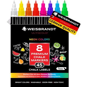 WEISBRANDT Markers for Kids, Liquid Chalk Markers, Pack of 8, Dry Erase Marker Pens, for Chalkboards, Whiteboards, Blackboards, Glass, Reversible Extra Fine 1 mm Tip, 45 Chalkboard Labels Included (Multicolor Neon)