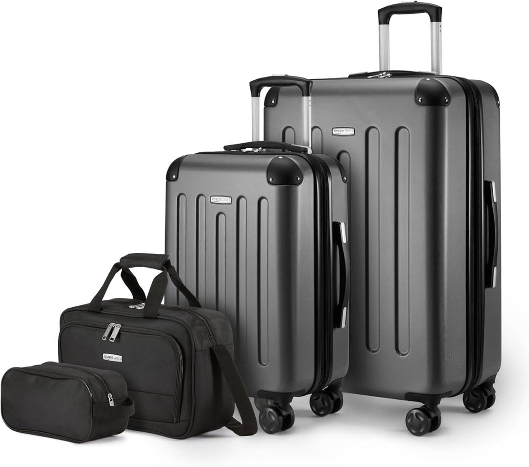 Amazon Basics 4-Piece Luggage Set, Hardside Suitcases with Spinner Wheels (22" Carry On & 28" Checked), Tote Bag & Travel Bag, Black