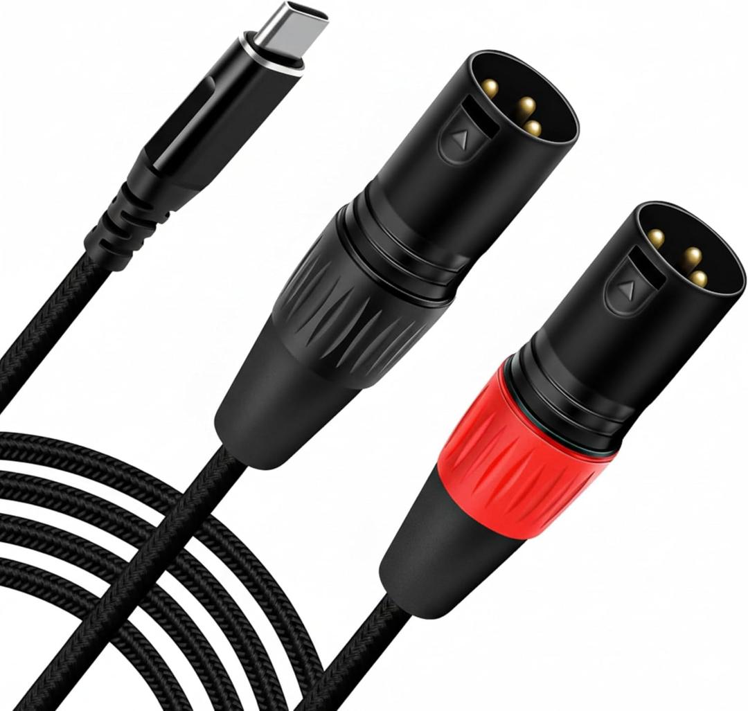 USB C to Dual XLR Male Audio Cable, 6.6FT USB C to 2 Male XLR Stereo Power Amplifier Cable for Mobile Phone Connection Active Speaker, Black Braided