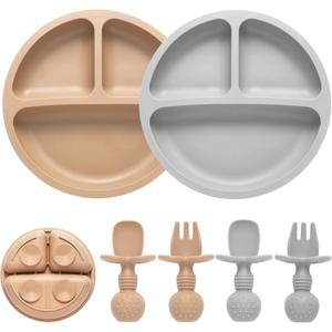 Silicone Baby Feeding Set, 2 Pack Divided Baby Plates with Suction, 2 Pack Spoons and Forks Set, BPA Free, Baby Led Weaning Supplies for Toddler Utensils Baby Feeding Essentials (Brown)