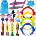 20Pcs Summer Pool Diving Swimming Toys for Kids Ages 3-12, Fun Swim Games Sinking Set, Underwater Dive Gifts with Storage Bag Include Torpedo Gems Shark Rings Sea Animals for Boys Girls Toddlers