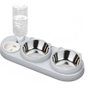 Marchul 3 in 1 Cat Bowl, Cat Food and Water Bowl Set with Water Dispenser and Stainless Steel Bowls, 15 Tilted Pet Raised Three Bowls for Indoor Cats, Small or Medium Sized Dogs