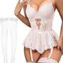 Lilosy Sexy Stocking Rhinestones Heart Garter Underwire Floral Mesh lace Sheer Babydoll Lingerie Teddy Bodysuit Skirt Set, XL