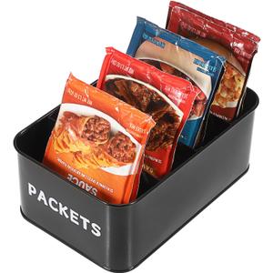 BSTKEY Seasoning Packet Organizer, Food Storage Organizer with Divided 4 Compartments, Metal Storage Caddy for Kitchen Pantry Cabinet, Kitchen Organization Bin for Snacks Spice Packets, Black