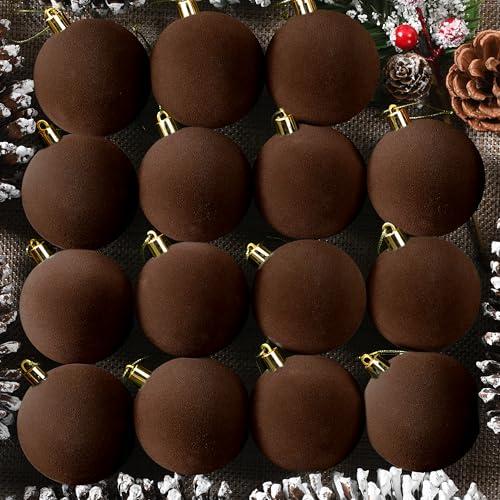 OCTERIC 30 Pcs 2.4 Inches Velvet Christmas Ball Ornaments, Shatterproof Coffee Brown Flocked Bulbs Decorations Set, Retro Decorative Hanging Plastic Ornaments for Xmas Tree Holiday Party Décor